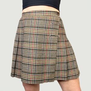 Vintage Plaid Pleated Skirt Wool Blend Tweed Houndstooth Mini Brown Safety Pin S